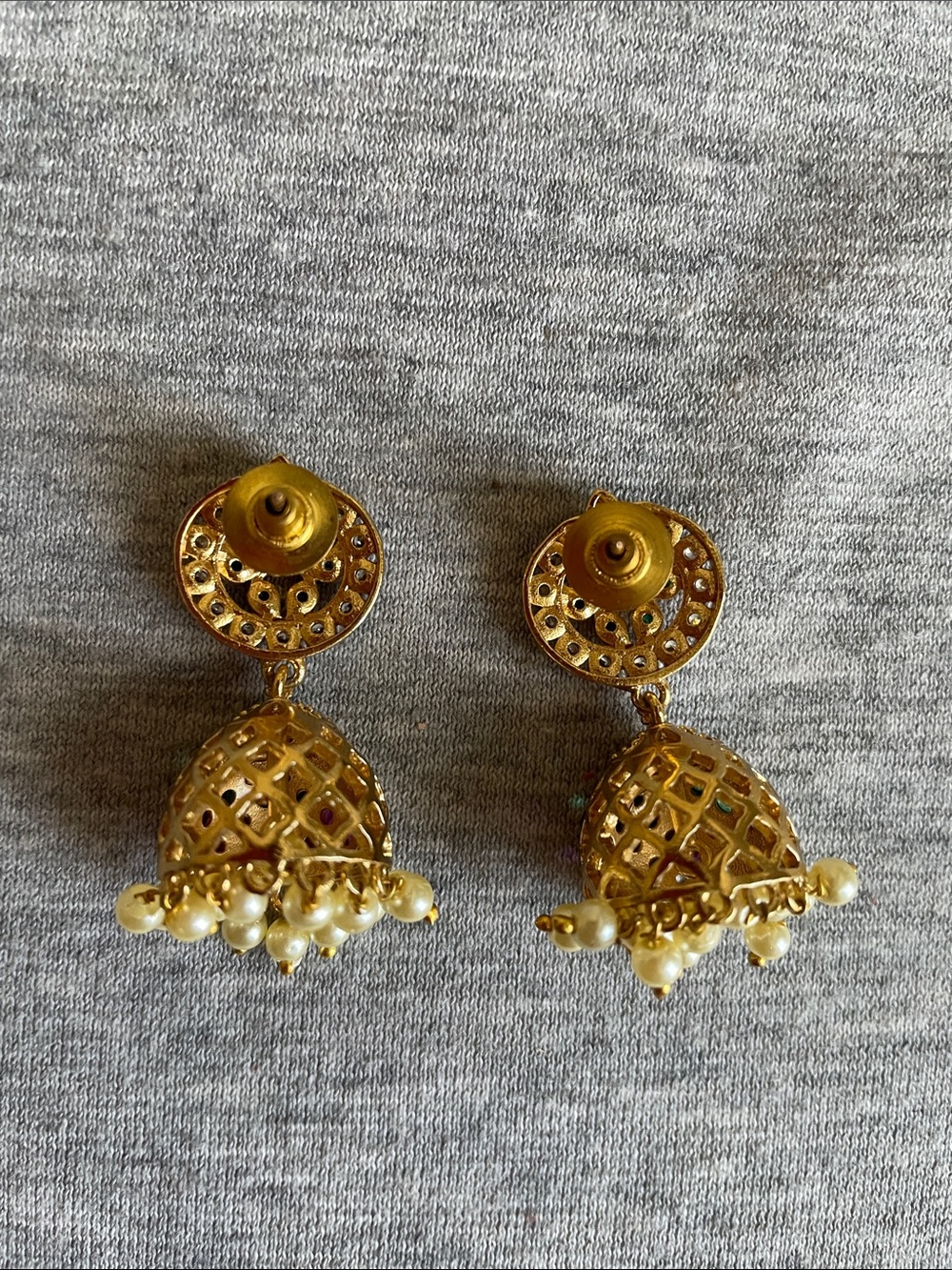 Gold-Tone Pink and Green Jhumka Earrings with Pearl Fringe - Picture 4 of 5